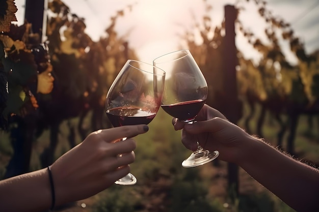 Copas de vino tinto en manos humanas en el fondo del viñedo IA generativo 2