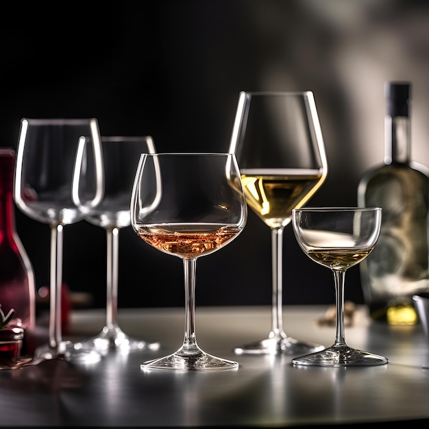 Copas de vino transparentes vacías en una mesa sobre un fondo oscuro generado por IA