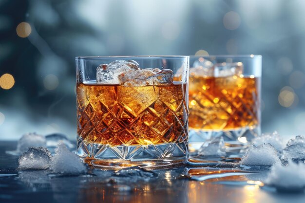 Copas de whisky con hielo en la mesa.