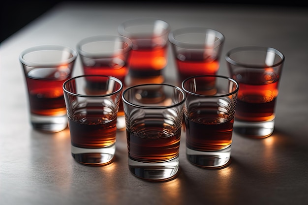 Copas de whisky en una mesa de madera en un pub o restaurante