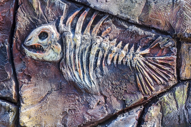 Foto copia artificial de peces fósiles antiguos en muro de piedra