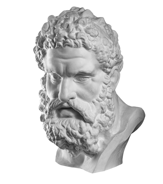 Cópia de gesso branco da antiga estátua da cabeça de Hércules para artistas isolados em um fundo branco. Escultura de gesso do rosto do homem. Filho de Zeus, o antigo deus grego. Antiga estátua de herói.