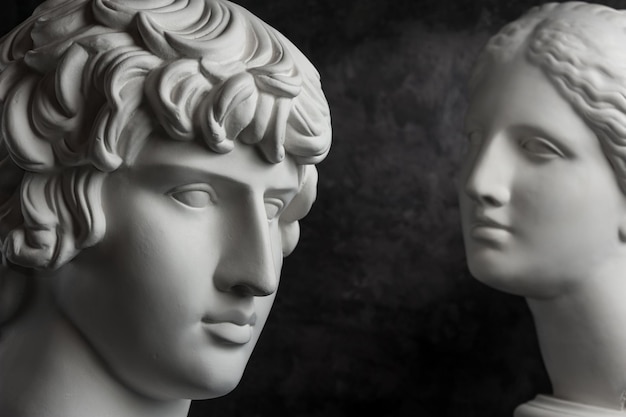 Cópia de gesso branco da antiga estátua de Antínous e Vênus cabeça para artistas em um fundo escuro texturizado. Escultura de gesso do rosto da estátua.