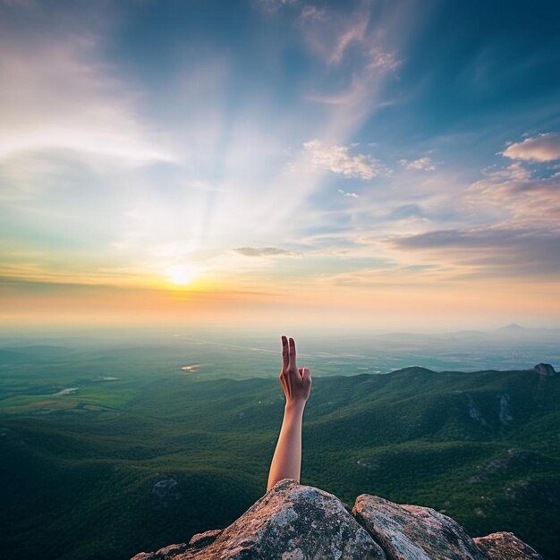 Foto cópia do espaço do homem mão levantando no topo da montanha e pôr do sol céu fundo abstrato liberdade de viagem