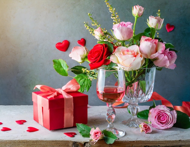 copia espacio en una hermosa composición de San Valentín flores de primavera regalo y copa de vino de rosas