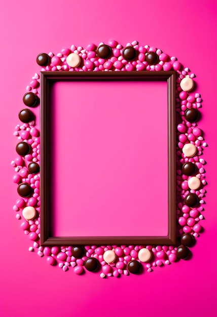 Copia espacio plano marco de colocación fondo con caramelo de chocolate en fondo rosa