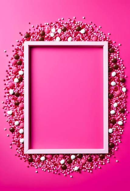 Copia el marco de espacio plano con caramelos de chocolate en fondo rosa