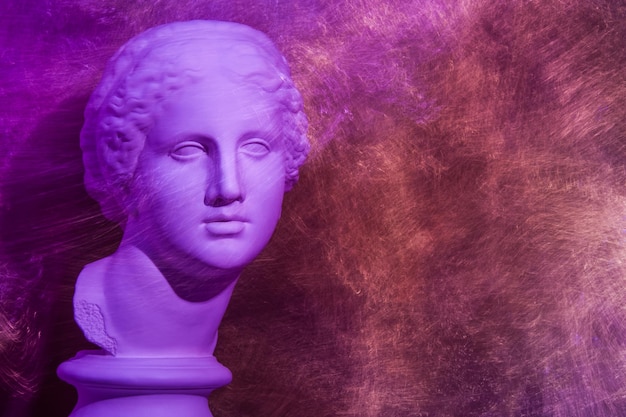Copia de yeso de la antigua estatua de Venus cabeza sobre un fondo de textura. Escultura de yeso rostro de mujer.