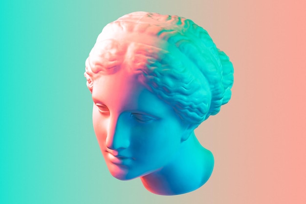 Copia de yeso de la antigua estatua de Venus de Milo en tono pastel para artistas sobre fondo azul rosa. Escultura de yeso del rostro de una mujer. Afiche de arte moderno en colores suaves. Amor, belleza, feminismo.