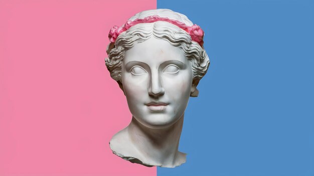 Copia de yeso de la antigua estatua de Venus de Milo en tono pastel para artistas sobre un fondo azul rosado