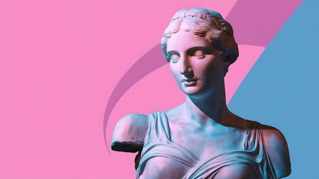 Copia de yeso de la antigua estatua de Venus de Milo en tono pastel para artistas sobre un fondo azul rosado