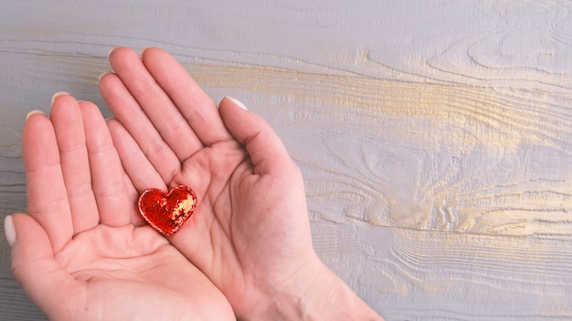 Copiar espacio con corazón rojo en manos femeninas.