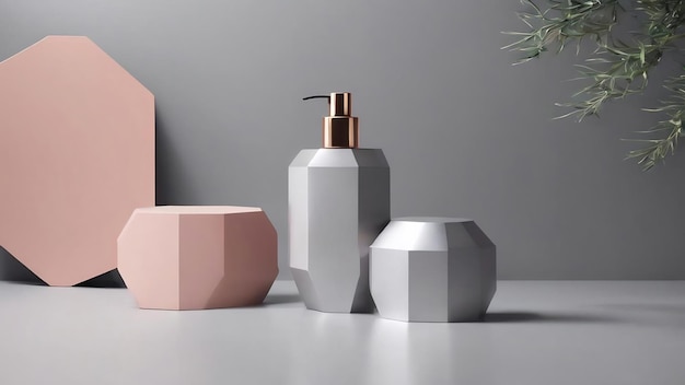 Copiar espacio hexágono fondo cosméticos o promoción de productos de belleza maqueta de plata gris áspero natural