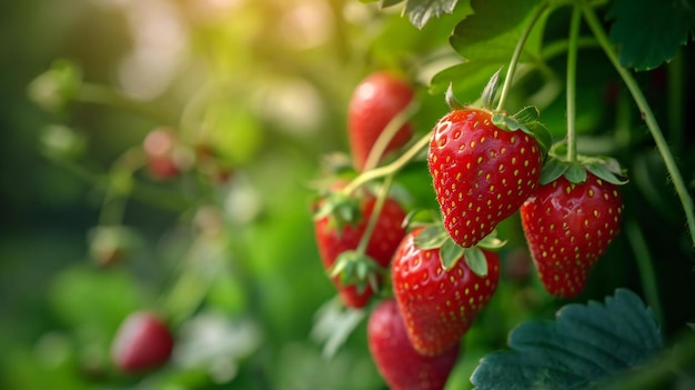 Foto copiar o espaço e o fundo do jardim com um close-up de um arbusto de morango