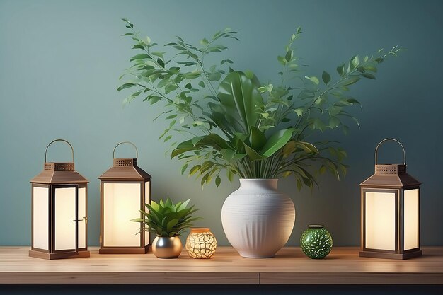 Copiar o fundo do espaço com plantas em um vaso e lanternas de Ano Novo Ilustração gerativa de IA em estilo fotorrealista