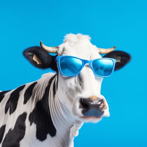 Copiar retrato vaca espacio divertido cabeza gafas de sol fondo anteojos animal cara azul IA generativa