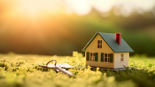 Copie el espacio de la casa Casa modelo pequeña sobre hierba verde con luz solar IA generativa