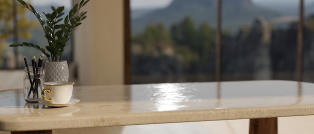 Copie el espacio en la mesa de comedor de piedra de mármol sobre el fondo borroso de la sala de estar