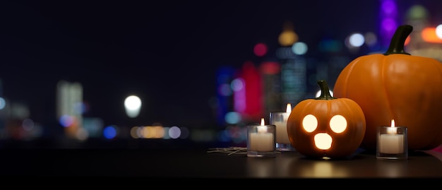 Copie el espacio en la mesa negra con decoración de Halloween durante la noche oscura con luz bokeh
