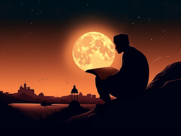 Copie el espacio para el ramadán y el fondo del islam hombre leyendo un libro frente a una luna