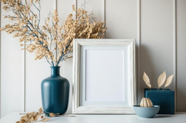 Copie el marco de imagen en blanco y las ramas secas en un jarrón azul en la cómoda con una escalera de madera blanca Diseño de interiores