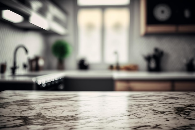 Foto copie o espaço da bancada da mesa de luxo no desfoque do fundo da cozinha apresentação de exibição de produtos alimentícios generative ai