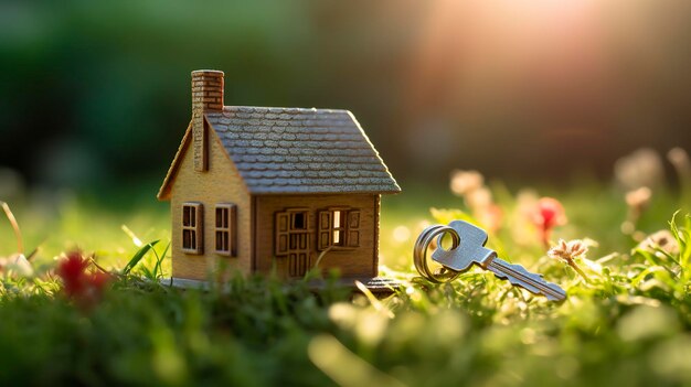 Copie o espaço da casa Pequena casa modelo na grama verde com luz solar AI Generative