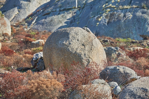 Copie o espaço de uma grande pedra em uma montanha rochosa com plantas secas e arbustos crescendo na natureza Paisagem remota e tranquila acidentada com rochas e pedras em um penhasco para explorar durante uma caminhada cênica
