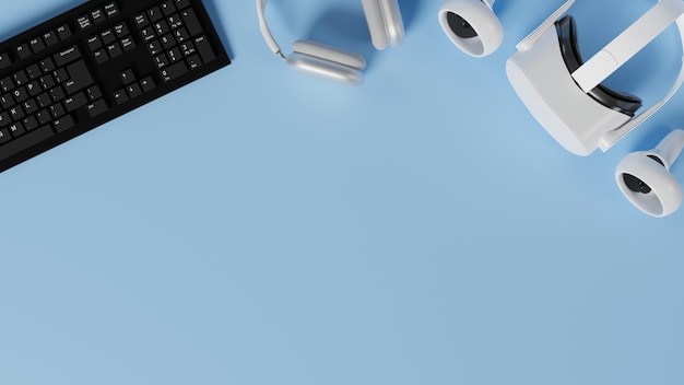 Copie o espaço no fundo azul rodeado por fone de ouvido com teclado e fone de ouvido com controladores