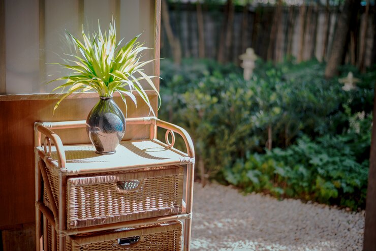 Copie o espaço no lado direito, no backgroun com vaso e na placa com a luz do sol forte na prateleira de bambu.