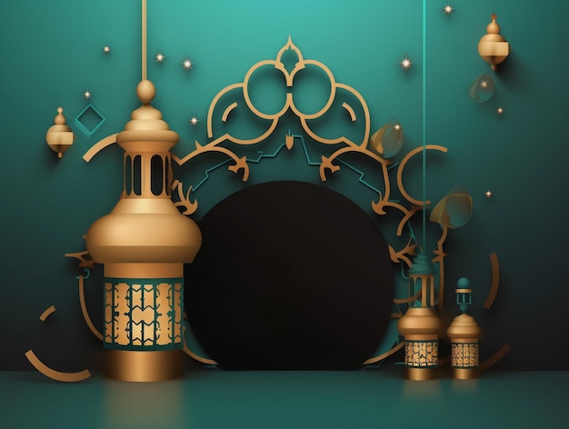 Copie o espaço para a renderização 3d do ramadã de uma mesquita com uma lanterna e uma lanterna