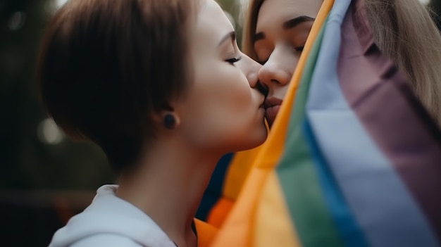 Cople lesbiana besando fondo de bandera LGBT Ai generativo
