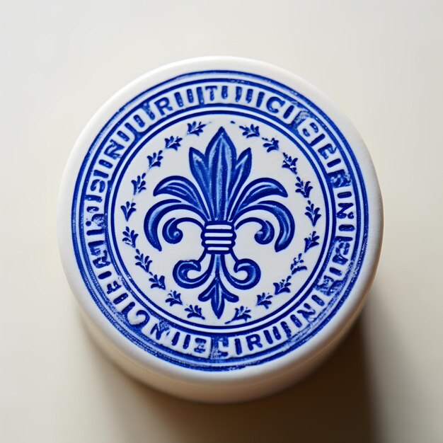 Copo azul e branco com imagem da flor de lis