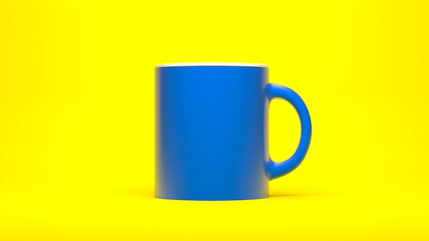 Copo azul em fundo amarelo ilustração 3D realista de renderização