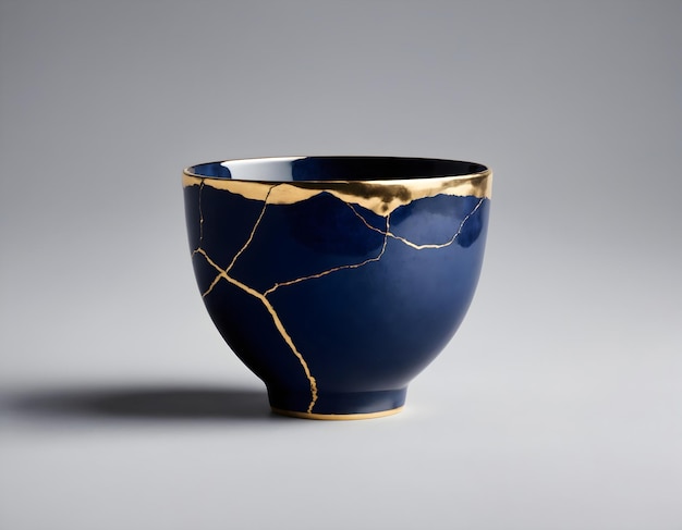 Foto copo azul escuro inspirado em kintsugi brilhando contra uma tela branca