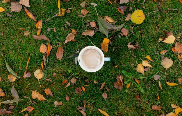 Copo azul metal com café na grama verde com folhas no outono temporada