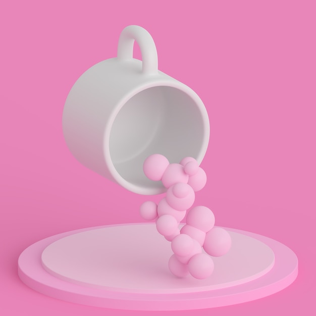 copo branco em um estúdio minimalista rosa com bolas 3D
