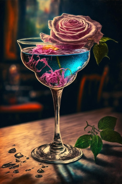 Copo cheio de líquido azul e uma rosa rosa generativa ai