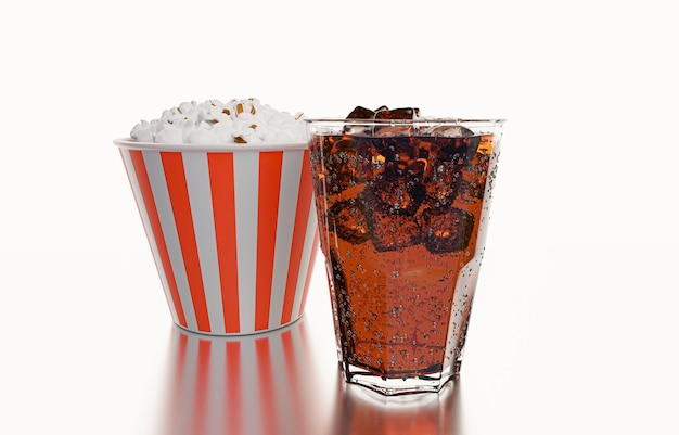 Copo de cola con cubitos de hielo y POPCORN en el cubo de palomitas de maíz sobre un fondo blanco y reflejo de cola con hielo triturado en el vidrio y hay gotas de agua alrededor de la bebida fresca negra fresca renderización 3D