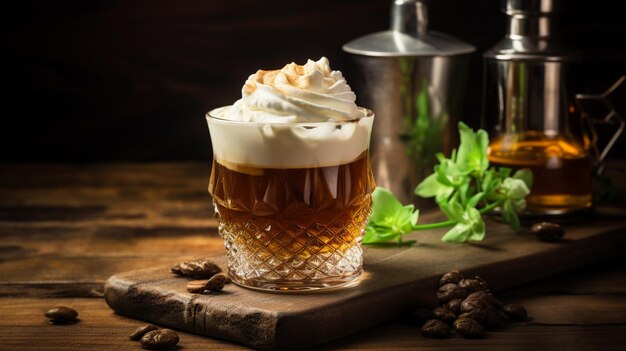 Foto copo com café gelado saboroso em uma mesa de madeira