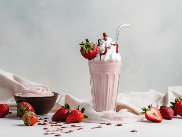 Copo com delicioso milk-shake de morango Generative AI