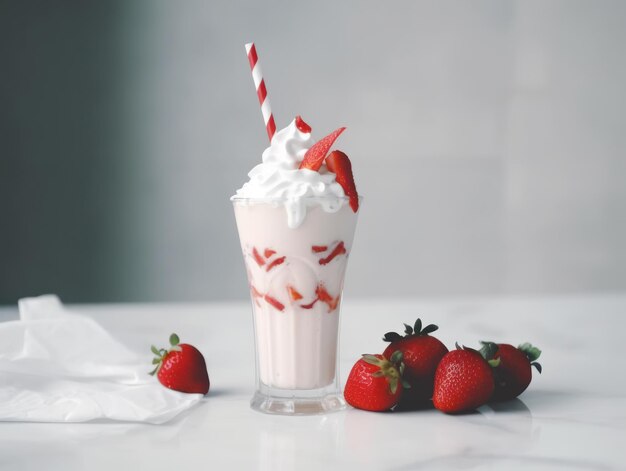 Copo com delicioso milk-shake de morango Generative AI