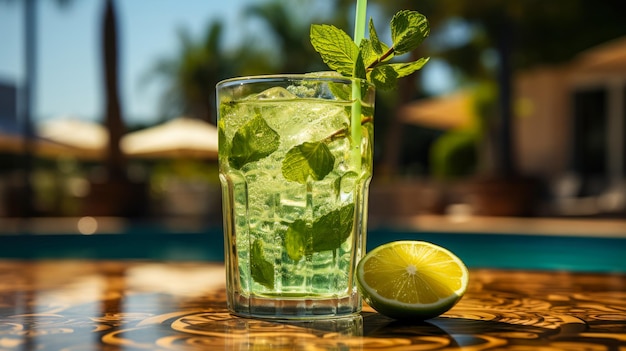 Copo com mojito na piscina do hotel durante as férias refrigerantes gerados pela IA