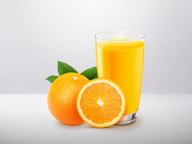 Copo de 100 suco de laranja com sacos e frutas fatiadas isolam no fundo branco