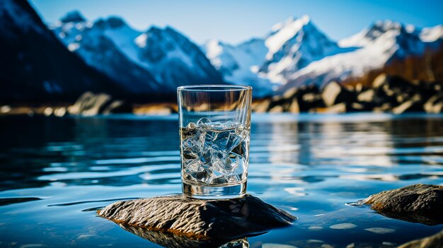 copo de água limpa no fundo de montanhas espaço para texto