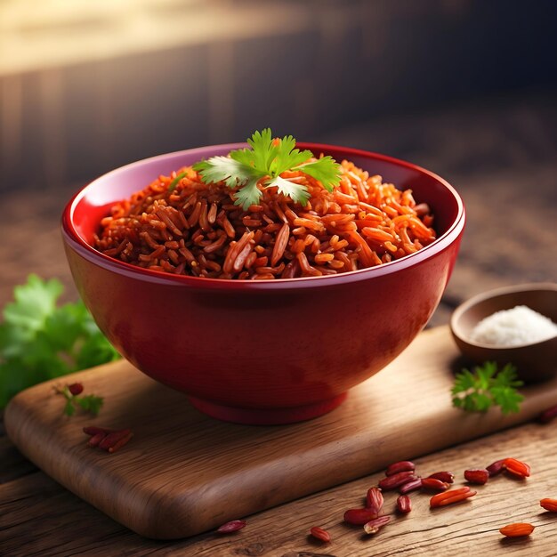 Copo de arroz vermelho em tábua de madeira vibrante e delicioso