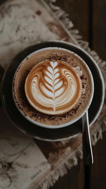 Copo de café com leite de arte em um café cappuccino em uma mesa de madeira