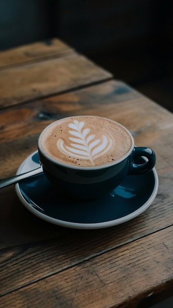 Copo de café com leite de arte em um café cappuccino em uma mesa de madeira