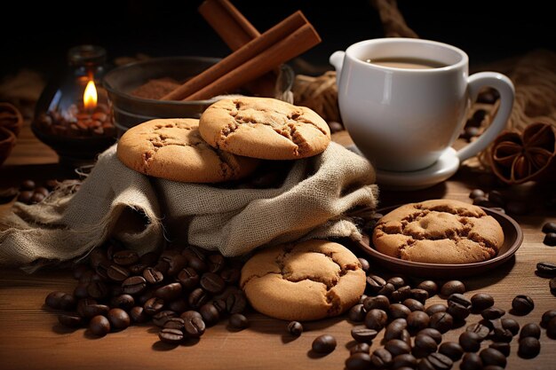 Copo de café com leite em forma de coração e grãos de café em uma velha mesa de madeira