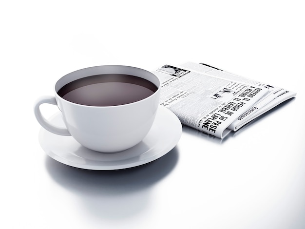 Copo de café com o jornal no fundo isolado branco. conceito de notícias de manhã